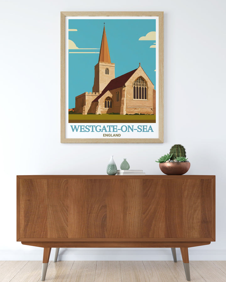 This Westgate on Sea poster print beautifully captures the coastal charm of Kent, featuring the iconic St. Saviours Church. Perfect for home décor or a thoughtful gift, this travel poster brings the historic and peaceful atmosphere of the seaside town into your living space.