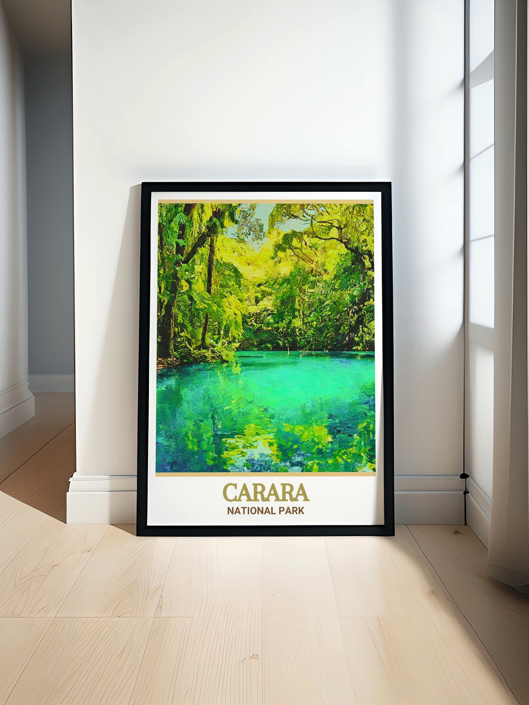 Carara National Park Poster Print showcases the vibrant biodiversity of Costa Ricas rainforest. This artwork highlights the lush greenery and the Laguna Meándrica, perfect for nature enthusiasts and travel lovers looking to capture the beauty of Costa Rica.