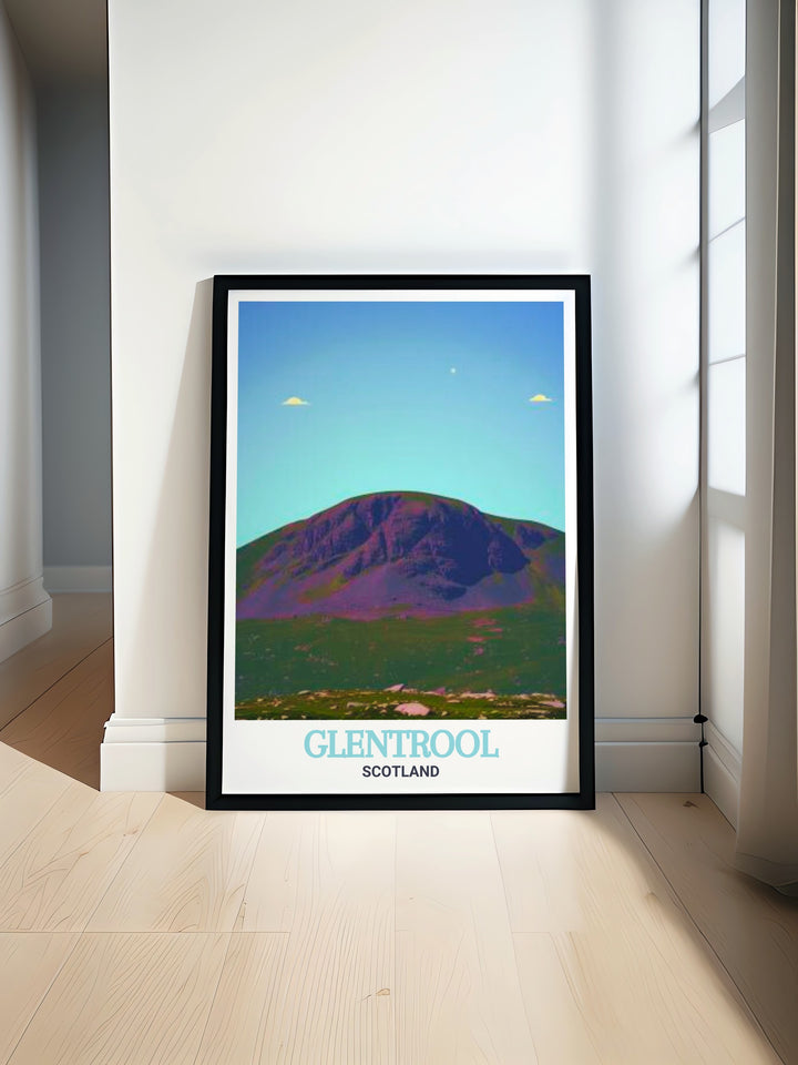 Discover the breathtaking beauty of Merrick and Glentrool in this mountain biking print featuring Loch Trool and the MTB trails of 7stanes bike park perfect for cyclists and nature lovers who want to bring adventure into their home decor.