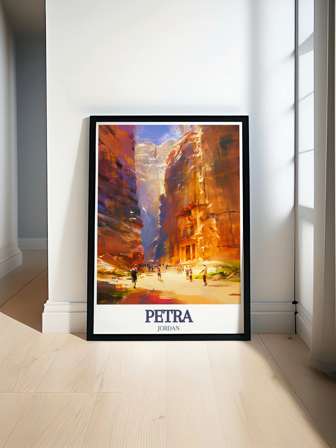 Petra Poster Print showcasing the narrow canyon of The Siq with the grand reveal of The Treasurys stunning façade. This travel print celebrates the wonders of Jordans ancient city, ideal for any adventurer or history enthusiast.