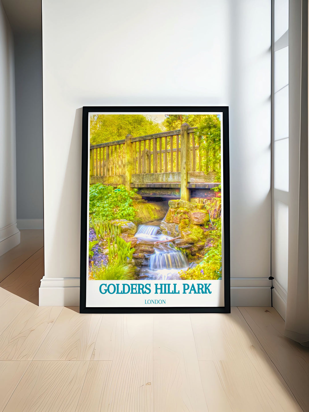 Modern wall decor featuring Golders Hill Park, with its vibrant natural scenery and serene Water Gardens, ideal for contemporary home settings.