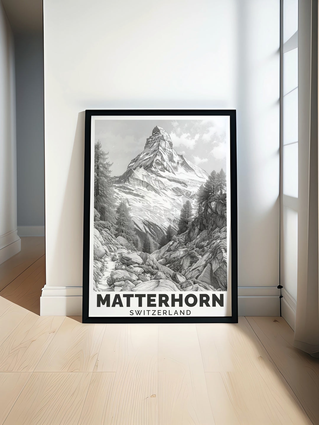 Matterhorn Poster Print showcasing the Swiss Alps and a snowy mountain landscape perfect for ski resort decor and snowboarding gifts