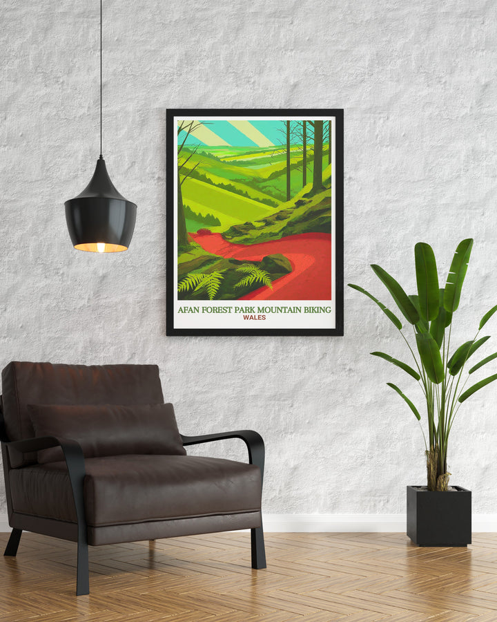 South Wales wall art featuring the Whites Level Trail in Afan Forest Park. This travel poster captures the spirit of mountain biking and the natural beauty of the forest, making it ideal for any adventure themed decor.