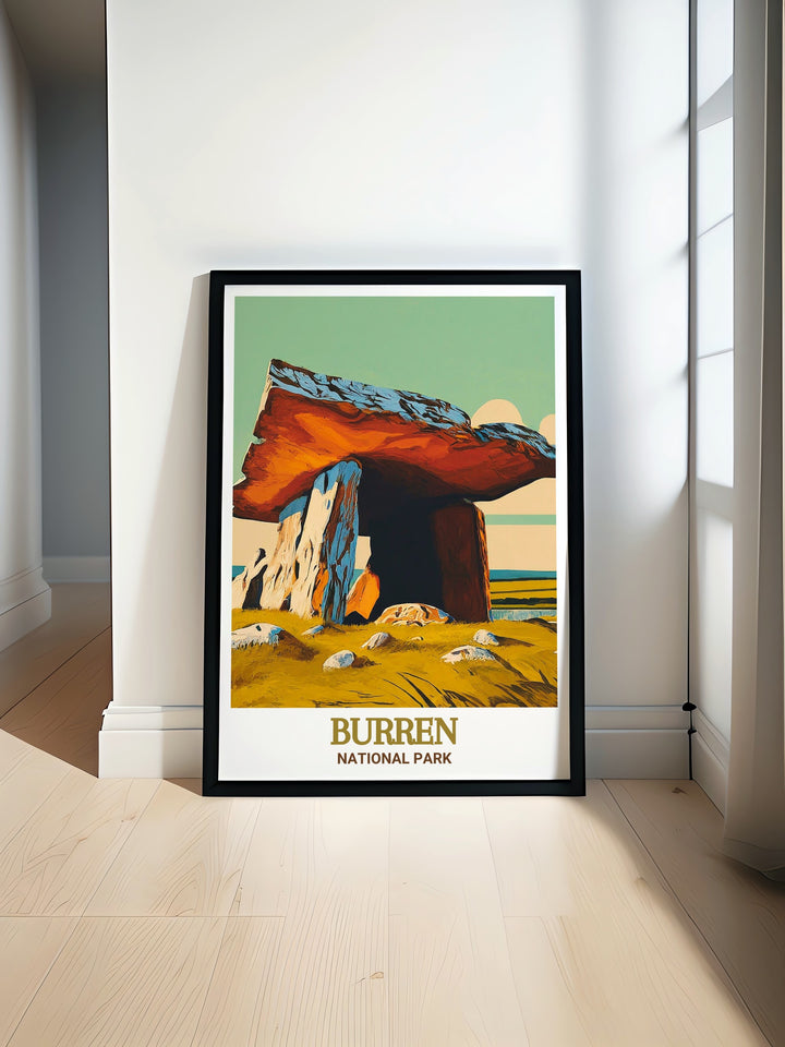 A detailed art print capturing the rugged limestone landscapes of Burren National Park in Ireland, showcasing its unique geological formations and rare wildflowers. This print brings the raw beauty of the Burren into your home, perfect for nature enthusiasts and admirers of Irish landscapes.