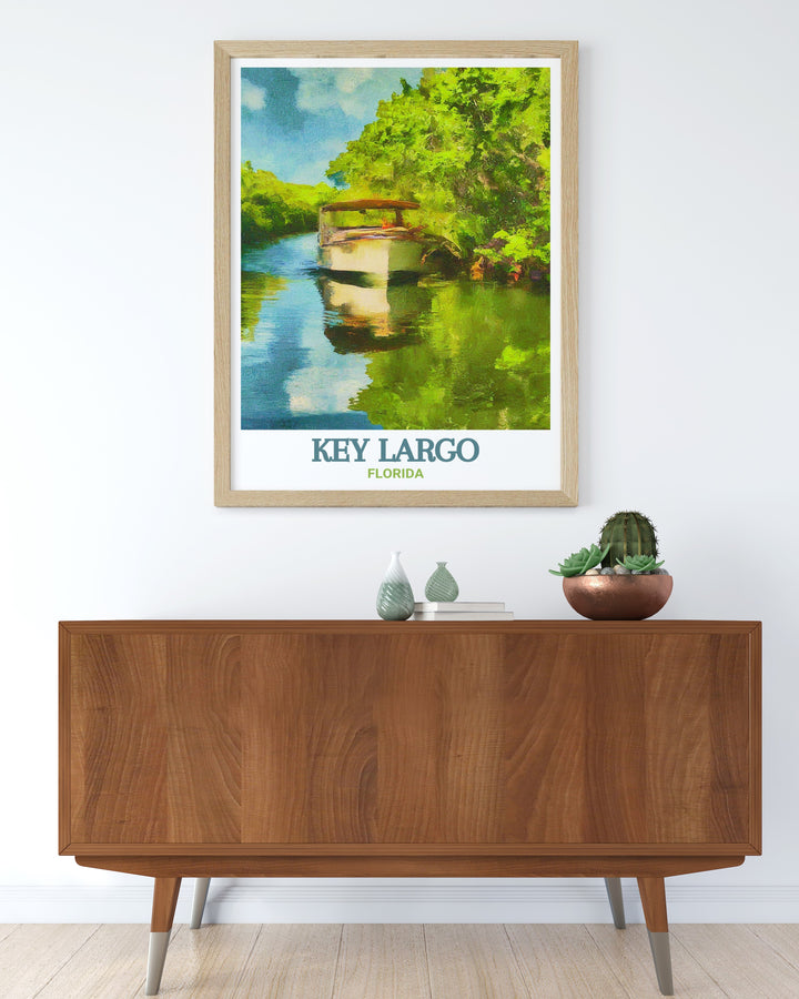 Key Largo poster and African Queen Canal Cruise wall art are the perfect Florida travel prints for your home offering a stunning representation of Floridas tropical beauty and history ideal for adding warmth and color to your living room decor.