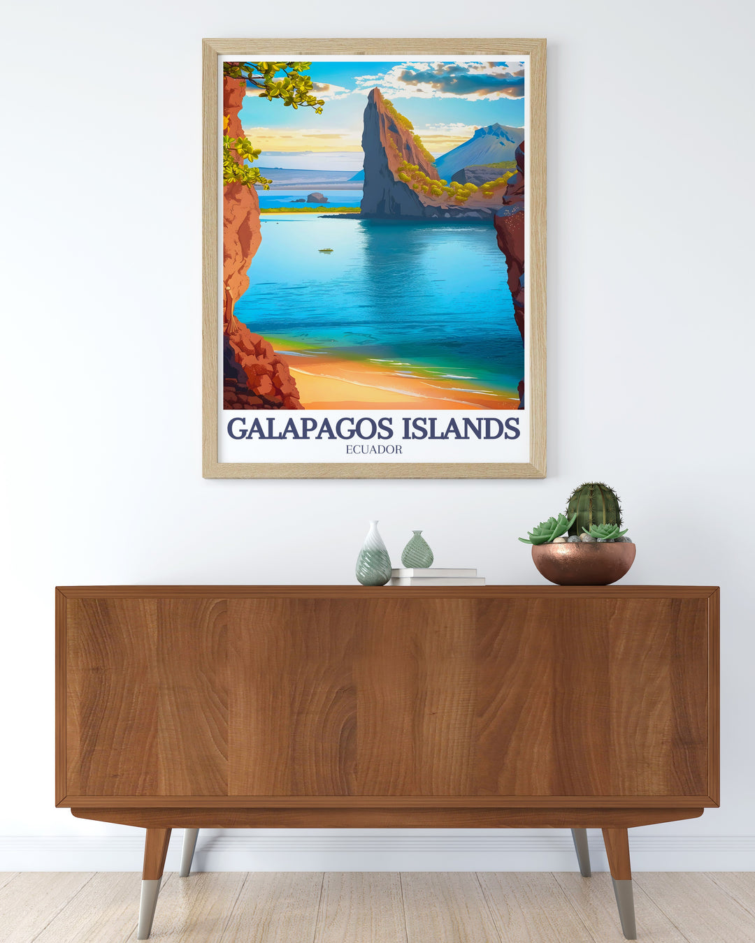 Bartolomé Island and Pinnacle Rock are beautifully depicted in this Galapagos Islands travel print. This Ecuador wall art offers a glimpse into the untouched beauty of the islands, perfect for adding a touch of adventure to any room.