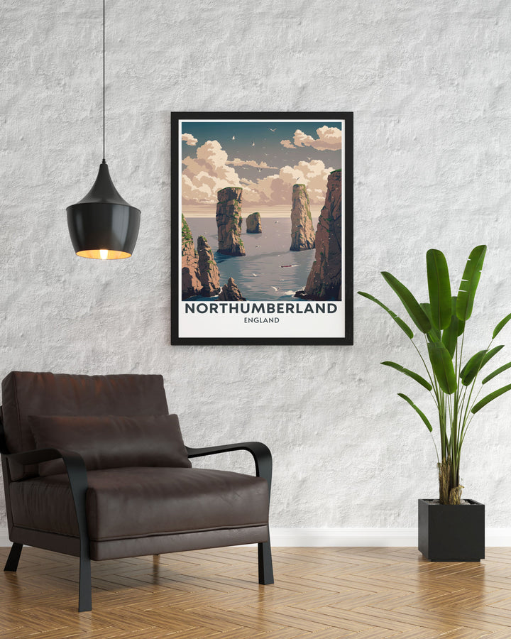 Seahouses wall art depicting the picturesque harbor village alongside the iconic Farne Islands. This retro railway print captures the timeless beauty of North Northumberland and is a perfect addition to any art collection.