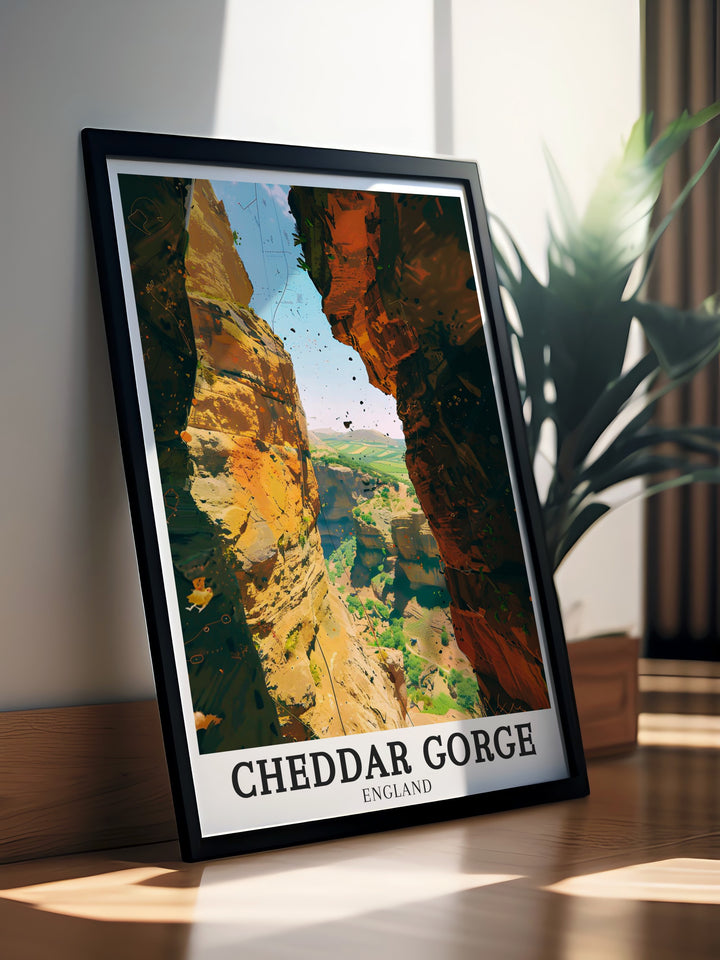 This travel print of Cheddar Gorge and the Mendip Hills captures the natural beauty of the British countryside, featuring the dramatic cliffs, lush greenery, and the historic Cheddar show caves, a great gift for outdoor explorers.