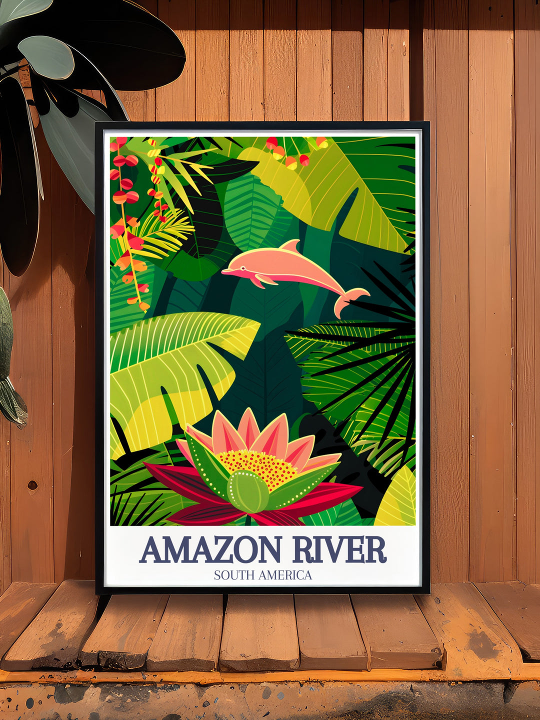 Vibrant Victoria Regia water lily, Amazon river dolphin modern art print perfect for adding a touch of natures beauty to your home. The detailed illustration of the water lily and dolphin makes this travel poster a striking addition to any room.