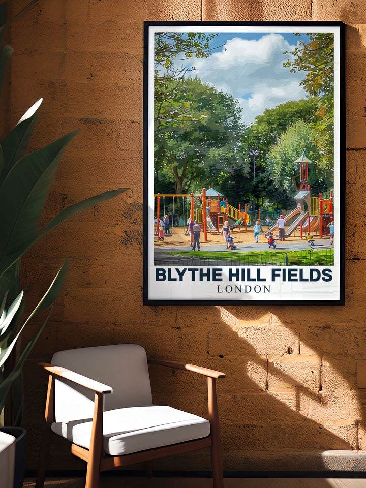 This vibrant travel poster showcases the panoramic vistas of South East London from Blythe Hill Fields, perfect for adding a touch of Londons park charm to your walls.