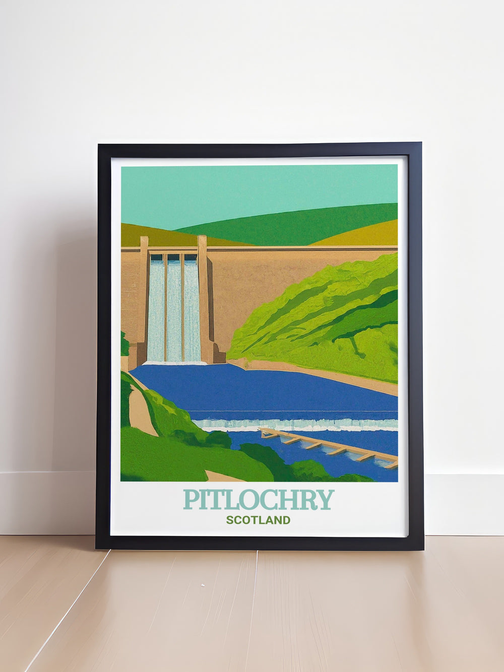 Pitlochry wall print featuring the stunning Pitlochry Dam and Fish Ladder, a highlight of Scotlands Highlands. This travel poster is ideal for adding a touch of natural beauty and cultural heritage to your home décor, celebrating the charm of Scottish village life.