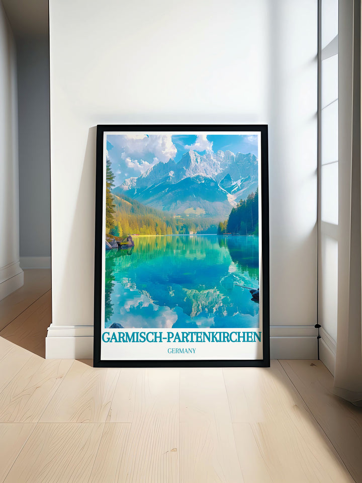 Custom print of Eibsee, highlighting the natural charm and serene landscapes of this alpine lake, with crystal clear waters and lush forests, perfect for nature lovers and outdoor enthusiasts.