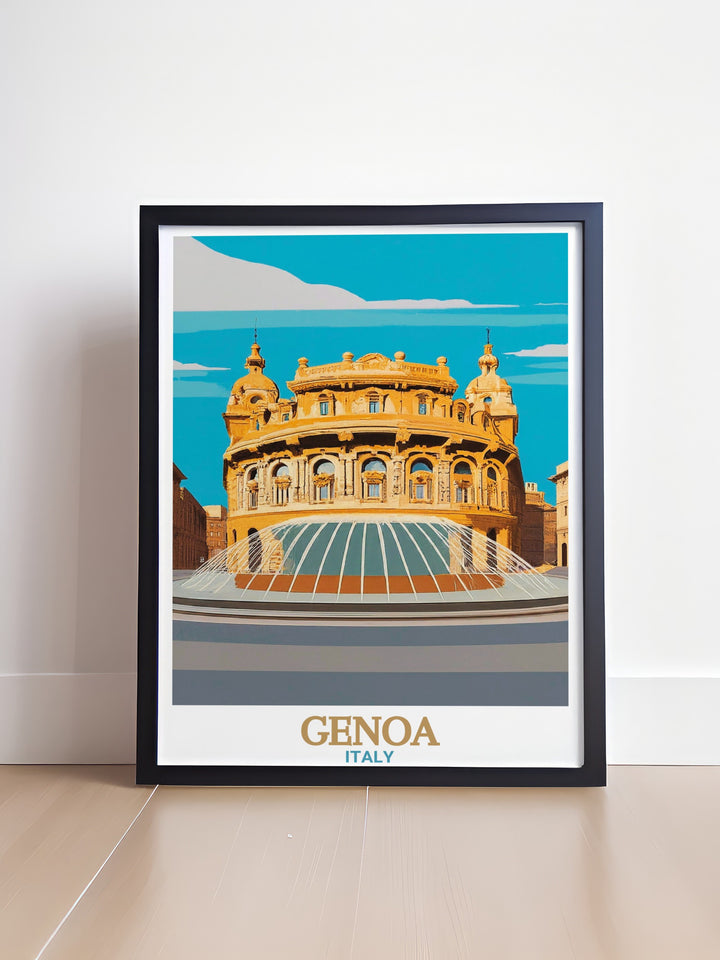 This poster print captures the elegance of Piazza De Ferrari in Genoa, Italy. Perfect for any home, office, or travel enthusiast, this artwork brings the beauty and history of Italys iconic square into your space, making it a wonderful addition to any decor.