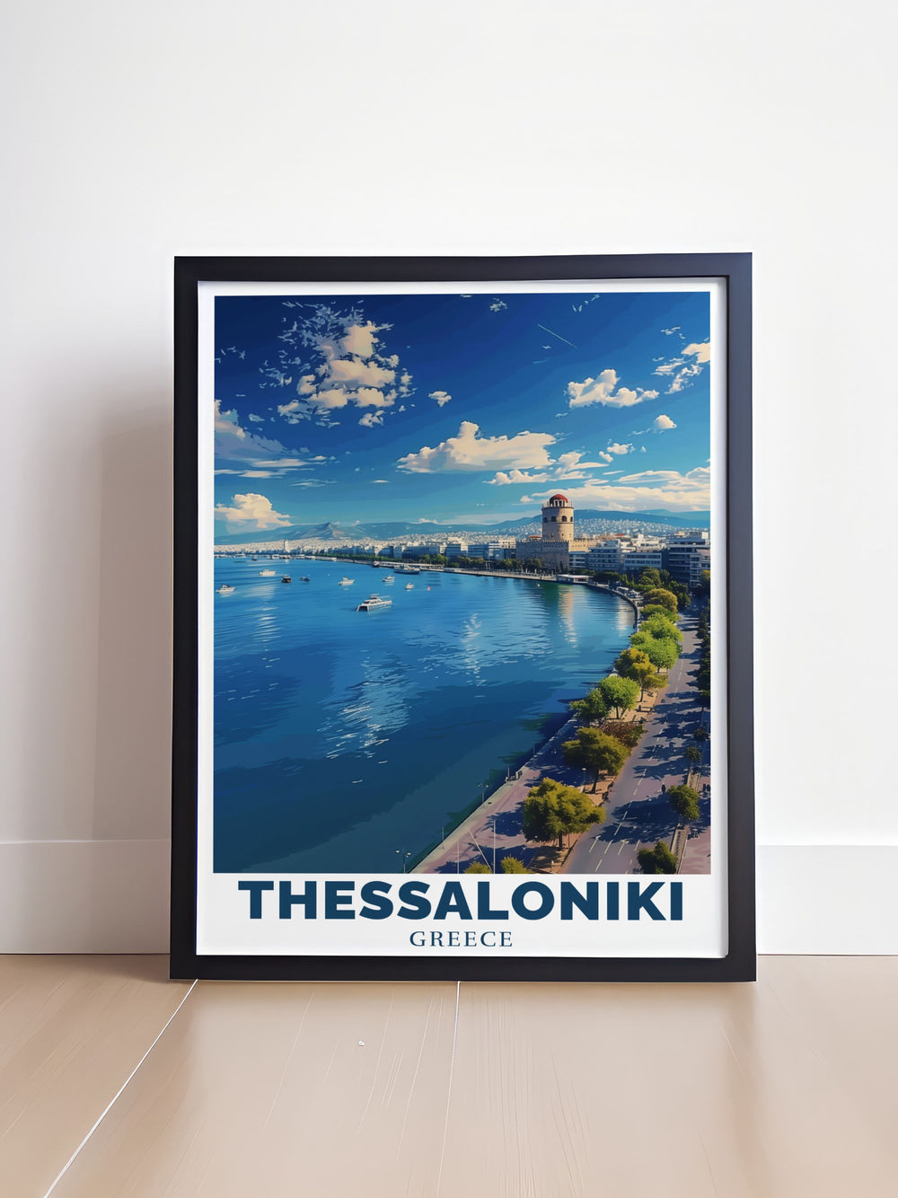 This detailed travel print of Thessalonikis waterfront captures the citys lively promenade and serene waters. Ideal for Greece lovers, this artwork brings the charm of the coastal city into any room with its vibrant colors and beautiful design.