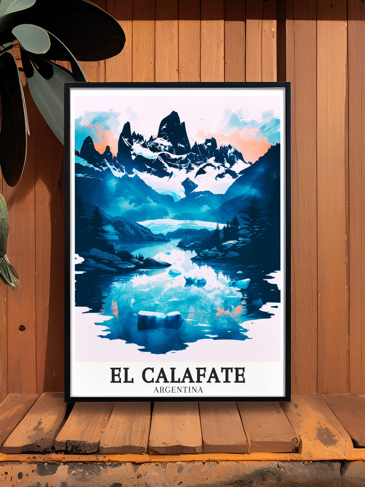 This travel poster of El Calafate in Argentina showcases the stunning landscape of Patagonia with a focus on the majestic glaciers and natural beauty. Perfect for lovers of nature and adventure, this vibrant poster will bring the breathtaking scenes of Laguna de los Tres and El Chaltén into any home, offering a unique glimpse into Argentinas wild beauty.