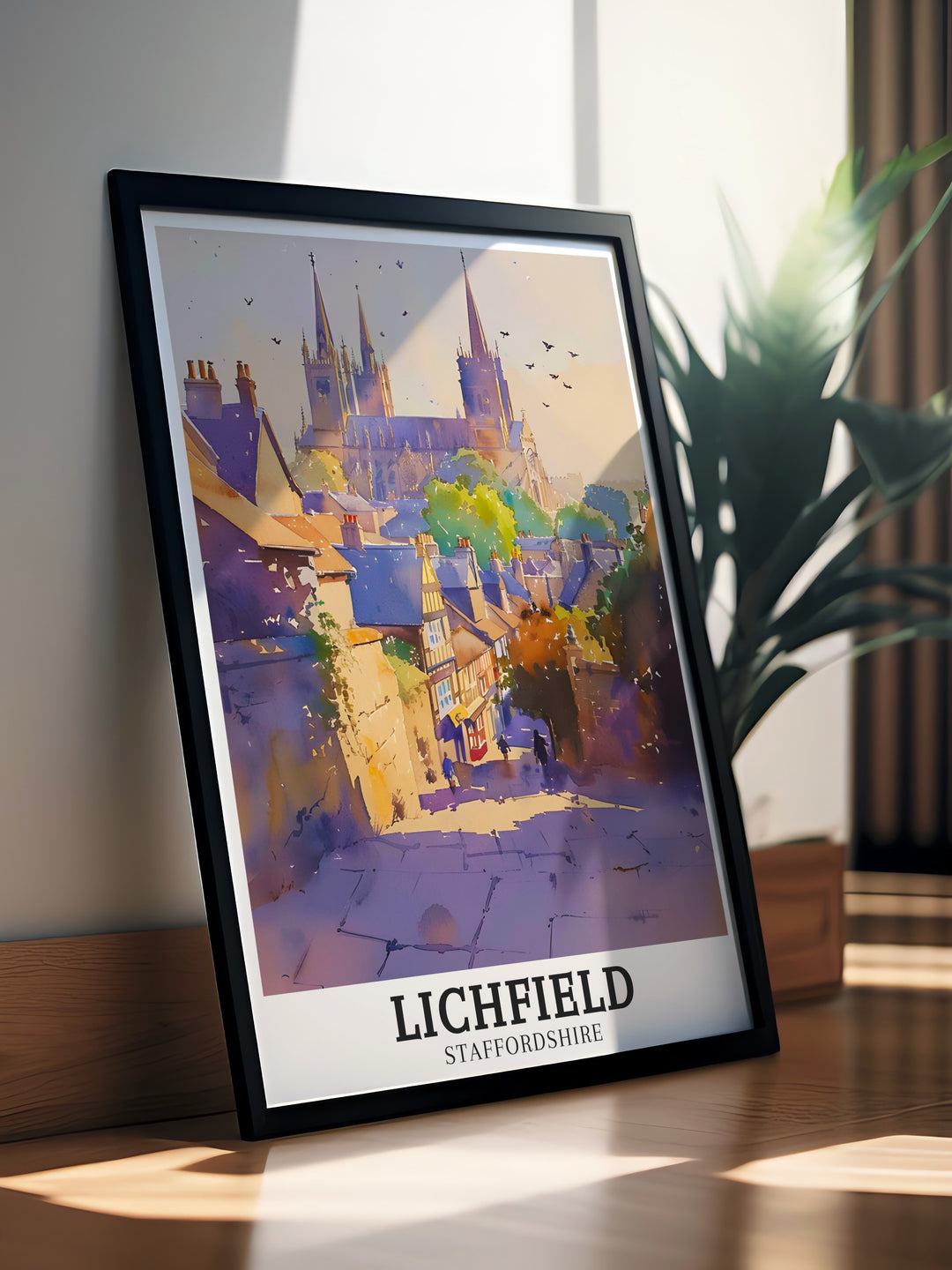 This Lichfield poster print captures the striking beauty of Lichfield Cathedral with its towering spires and Gothic architecture. The artwork also features the surrounding area, The Close, making it a perfect addition for anyone who loves historical landmarks and English travel art.