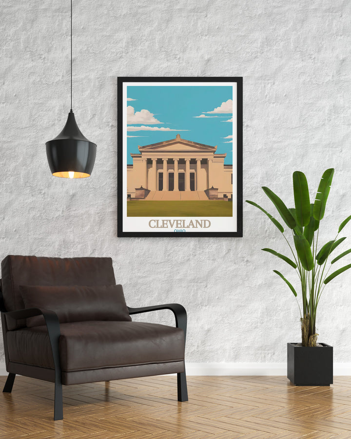 Cleveland Travel Poster highlights the stunning architecture of the Cleveland Museum of Art and the citys colorful street map. This artwork is ideal for those who appreciate both contemporary design and historical landmarks.