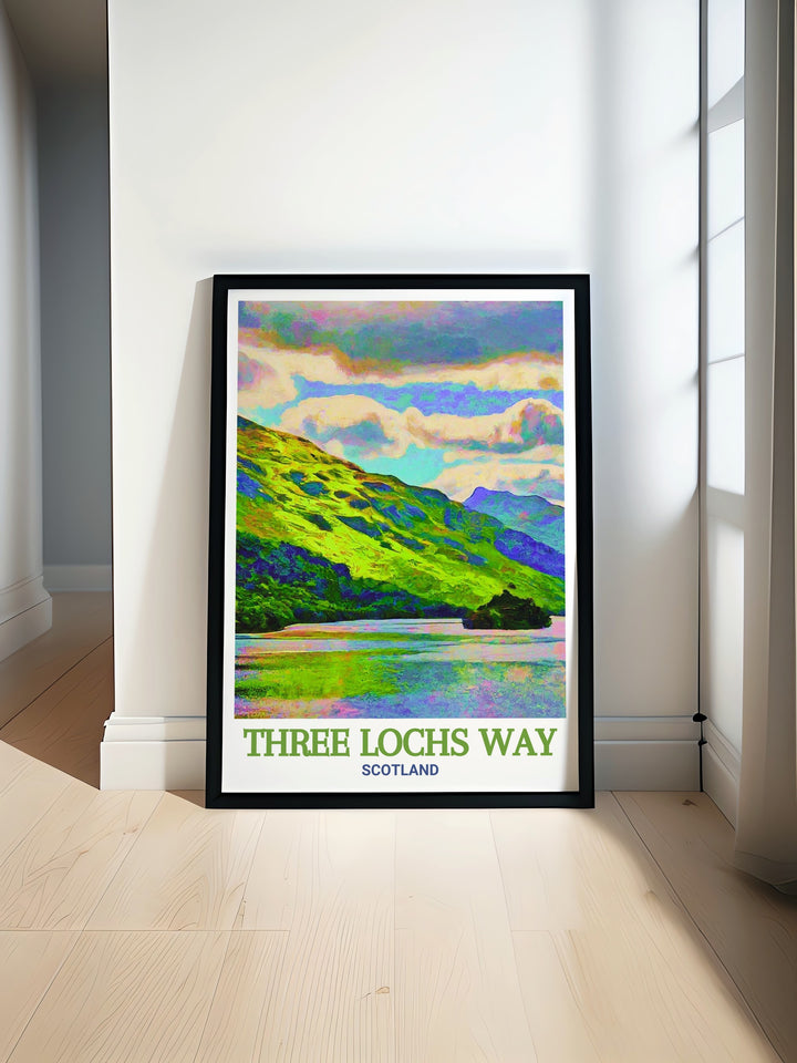 Showcasing the beauty of Scotlands national parks, this Three Lochs Way travel print features Loch Lomond and Gare Loch in stunning detail. Ideal for hiking fans and those who love Scotlands natural wonders, this poster is a beautiful addition to any room.