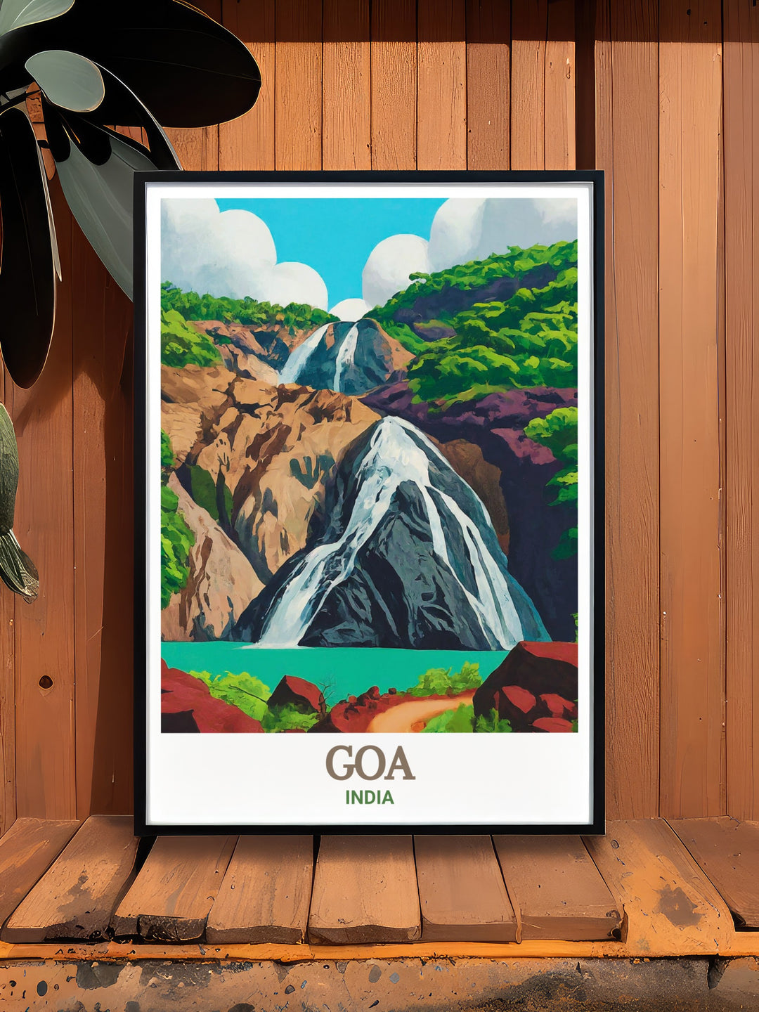 Dudhsagar Falls framed art highlighting the majestic beauty of this famous waterfall in Goa, India. The artworks vivid colors and intricate details make it a stunning addition to any room, ideal for adding a touch of natural splendor to your living space.