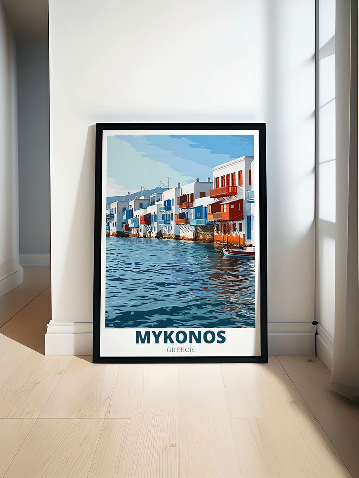 Discover the beauty of Little Venice with our Mykonos travel poster print showcasing the vibrant city color palette and stunning modern art perfect for home decor and gifts