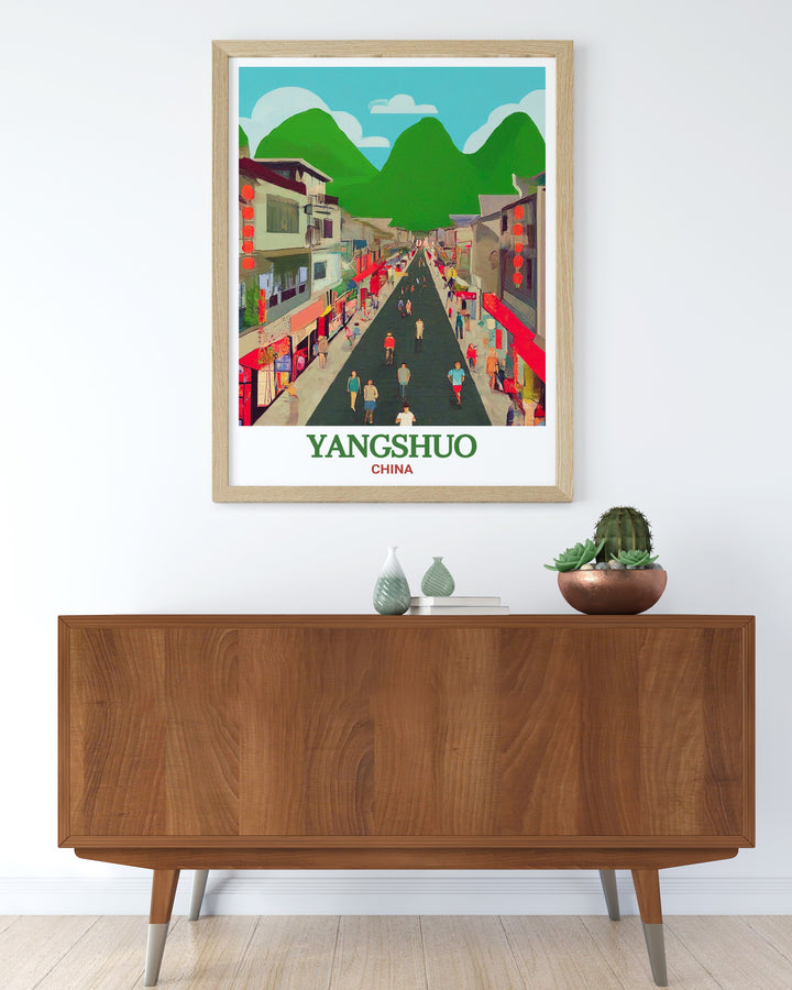 A captivating canvas print of West Street in Yangshuo, highlighting its unique architectural charm and lively atmosphere. This art piece is ideal for travel lovers looking to add a dynamic element to their living space.