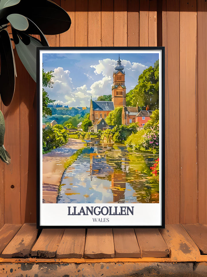 Add a touch of Welsh charm to your space with this stunning print of River Dee Llangollen Canal and Llangollen Methodist Church. This artwork offers a captivating view of Llangollens scenic beauty making it an ideal addition to your UK wall art collection.