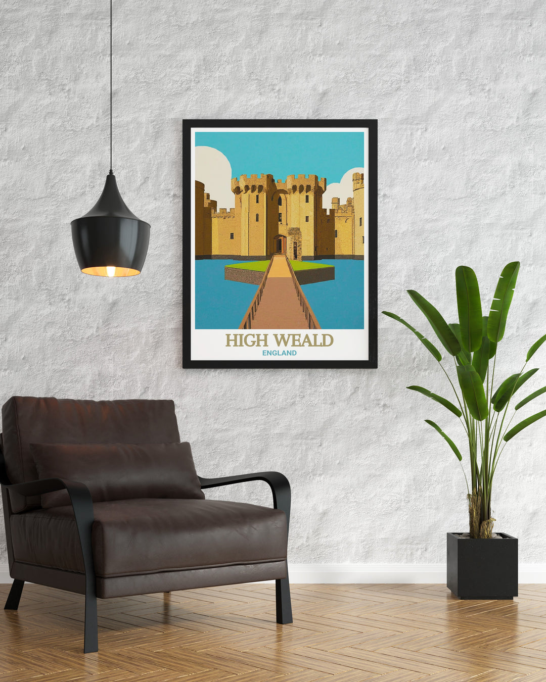 High Weald and Bodiam Castle print capturing the tranquil beauty of the British countryside with vintage inspired artwork perfect for creating a serene and elegant living room decor or as a unique gift for those who appreciate the charm of rural England.