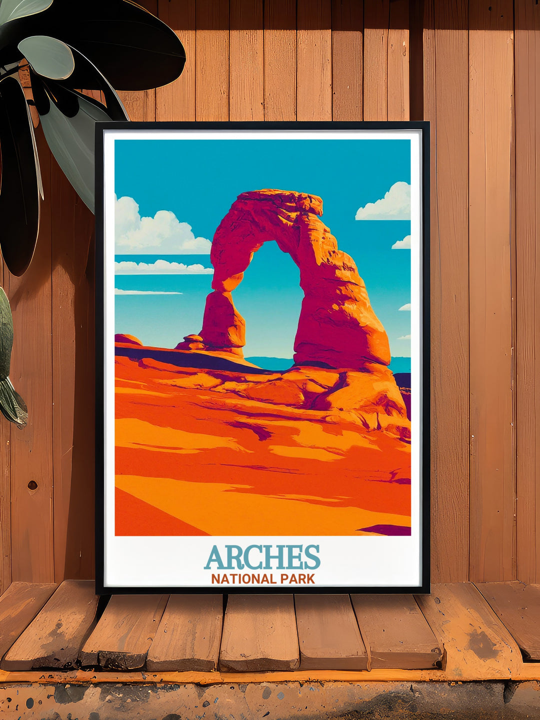 Delicate Arch vintage print depicting the iconic formation in Arches National Park blending seamlessly with various decor styles ideal for National Park enthusiasts and outdoor adventurers.