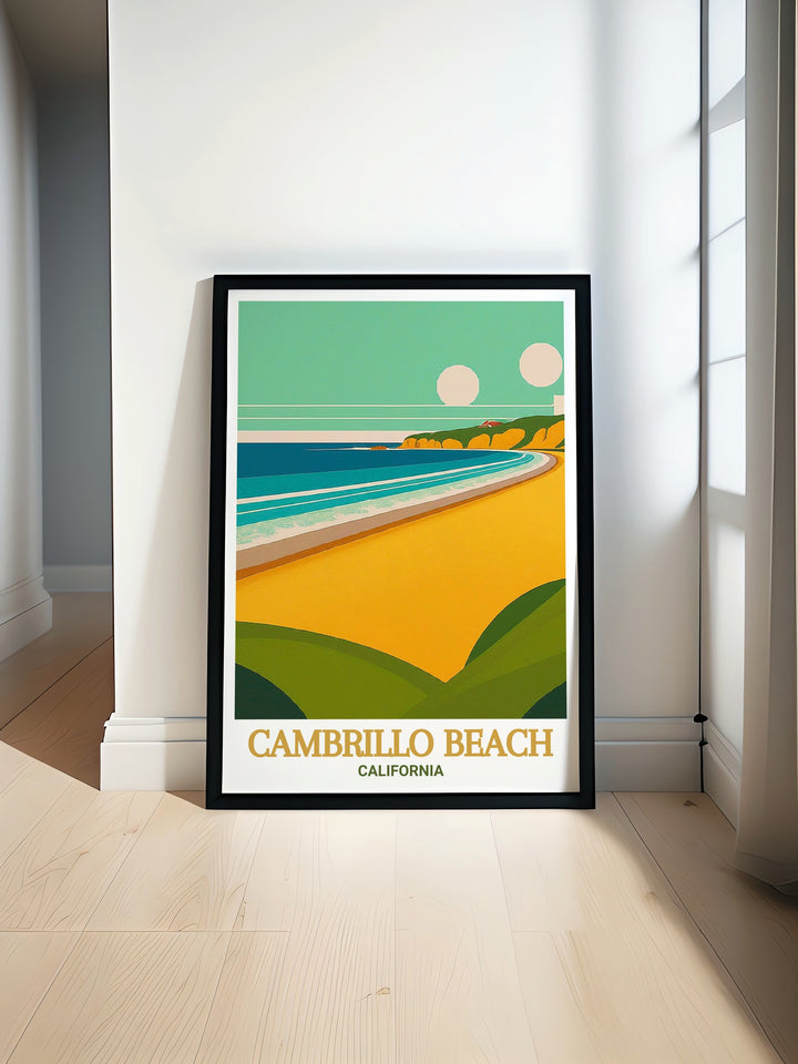 Experience the beauty of Cambrillo Beach with this California travel art print perfect for your home decor. The stunning artwork captures the serene atmosphere of Cambrillo Beach making it an ideal California gift or addition to any living room decor.