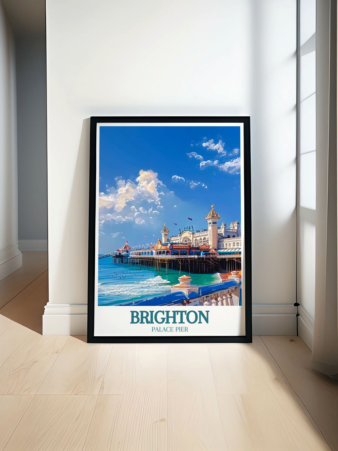 Brighton Pier Poster featuring the iconic Brighton Palace Pier with the serene English Channel a perfect blend of Art Deco style and vintage travel charm ideal for enhancing home decor or as a unique gift for art lovers.