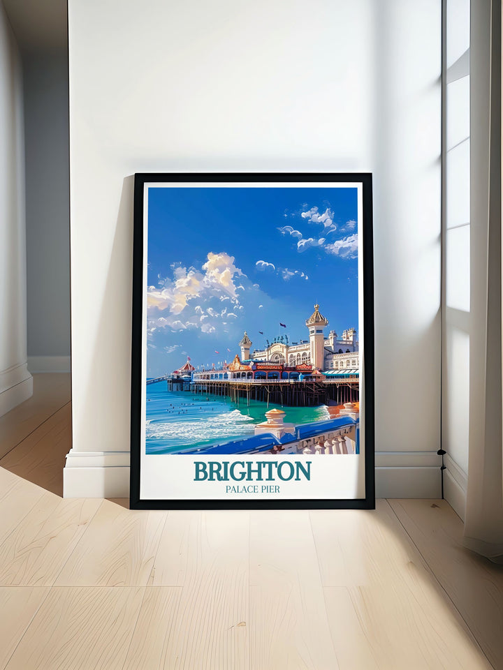 Brighton Pier Poster featuring the iconic Brighton Palace Pier with the serene English Channel a perfect blend of Art Deco style and vintage travel charm ideal for enhancing home decor or as a unique gift for art lovers.