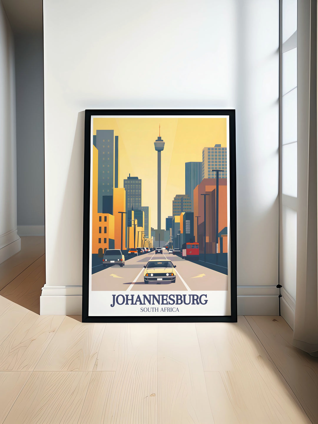 A digital print of Johannesburgs skyline featuring the Hillbrow Tower and Carlton Centre. This minimalist travel poster is perfect for those who appreciate clean design and the energy of urban landscapes. Great for personalizing your living or workspace.