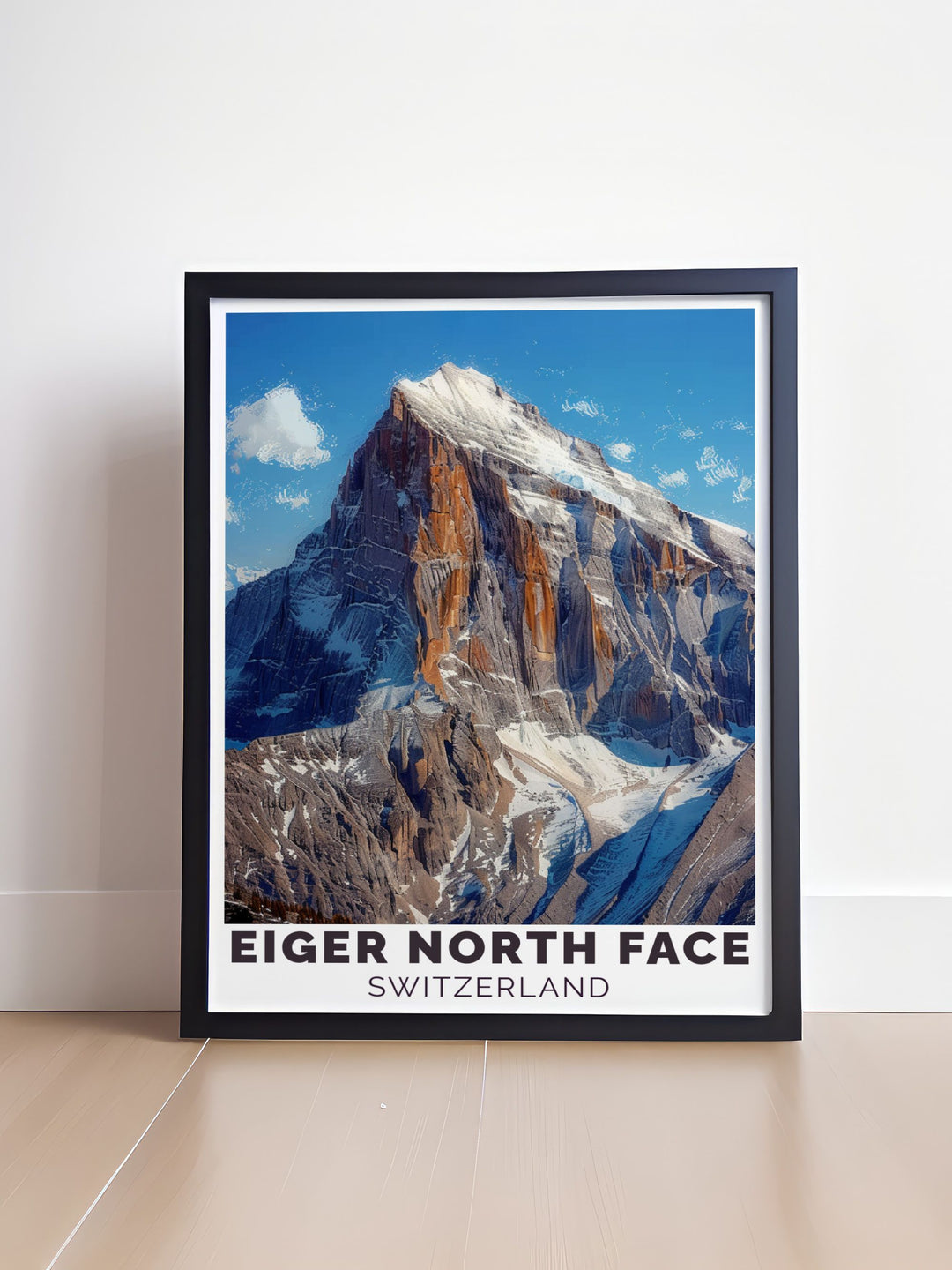 Captivating retro travel poster featuring the Eiger and the charming Grindelwald village perfect for those who appreciate classic aesthetics and wish to add a timeless piece of Swiss Alps beauty to their living spaces.