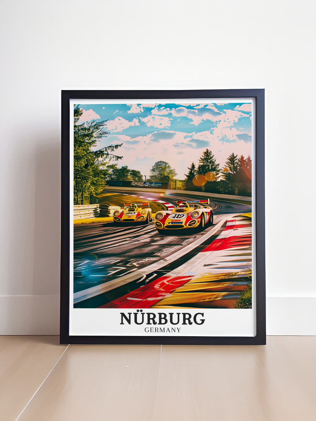 This vintage inspired Nürburg print celebrates the historic Formula 1 races held at the Nürburgring, one of the most dangerous and thrilling tracks in motorsport history. Perfect for decorating your home with a piece of German racing culture.