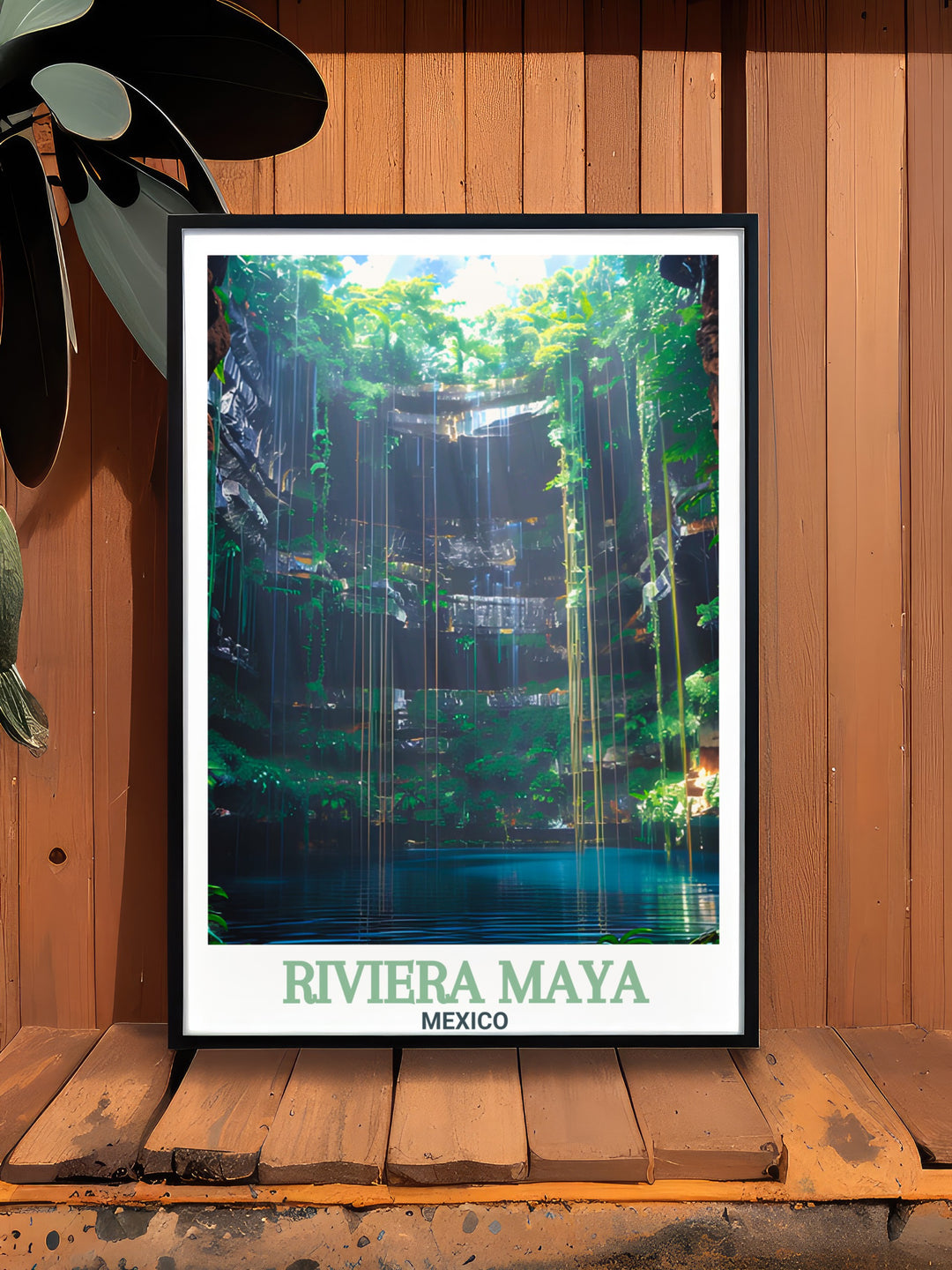 Elegant Cenote Ik Kil print from Riviera Maya Mexico featuring vibrant colors and detailed artwork perfect for beach decor. This tropical art piece is an ideal Mexico gift enhancing home living decor with the serene beauty of Cenote Ik Kil and its lush surroundings.