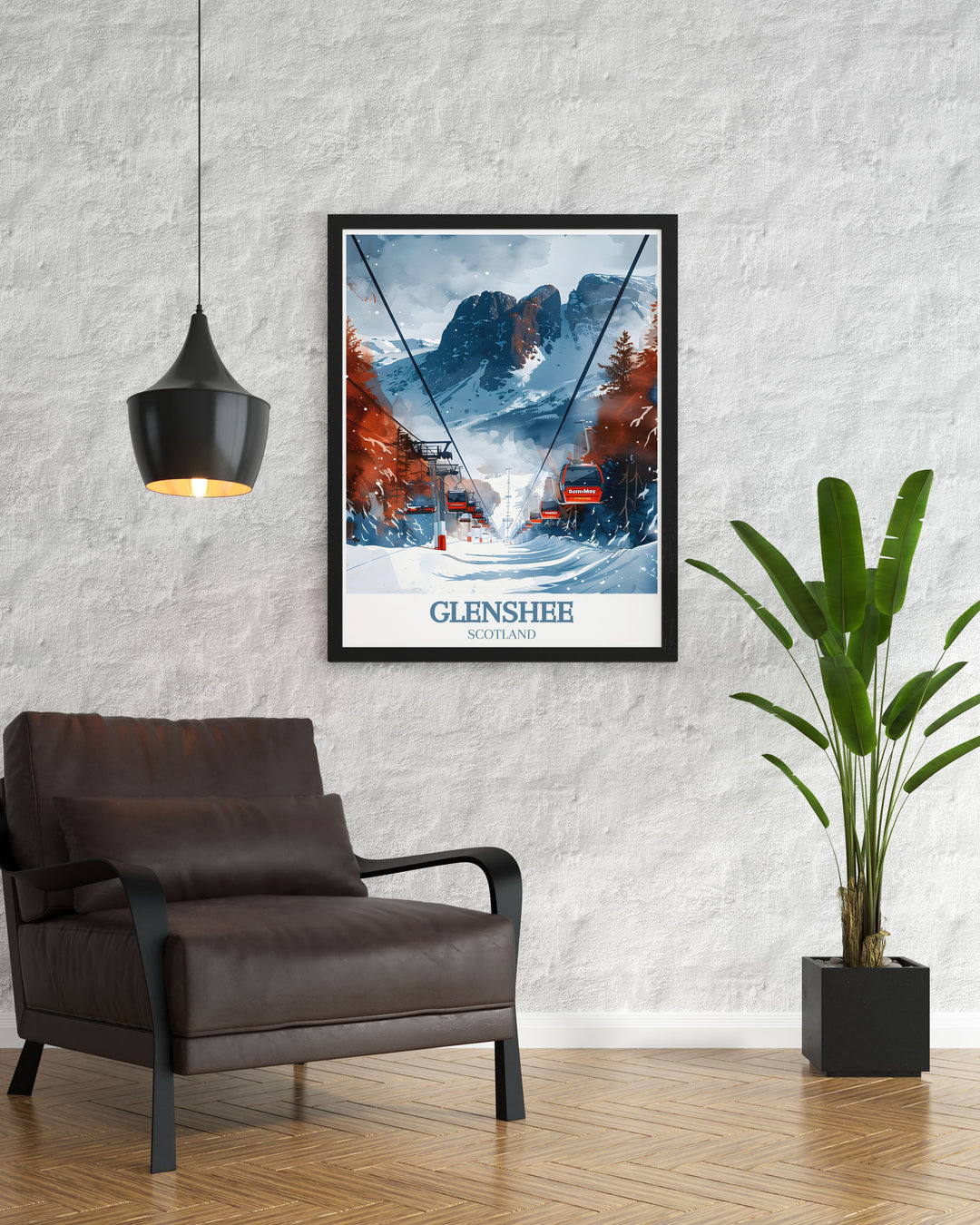 This vibrant travel poster showcases the excitement of Glenshee Ski Resort, highlighting its extensive network of ski runs and modern facilities. Perfect for winter sports enthusiasts, this artwork captures the dynamic energy of Scotlands largest ski resort.