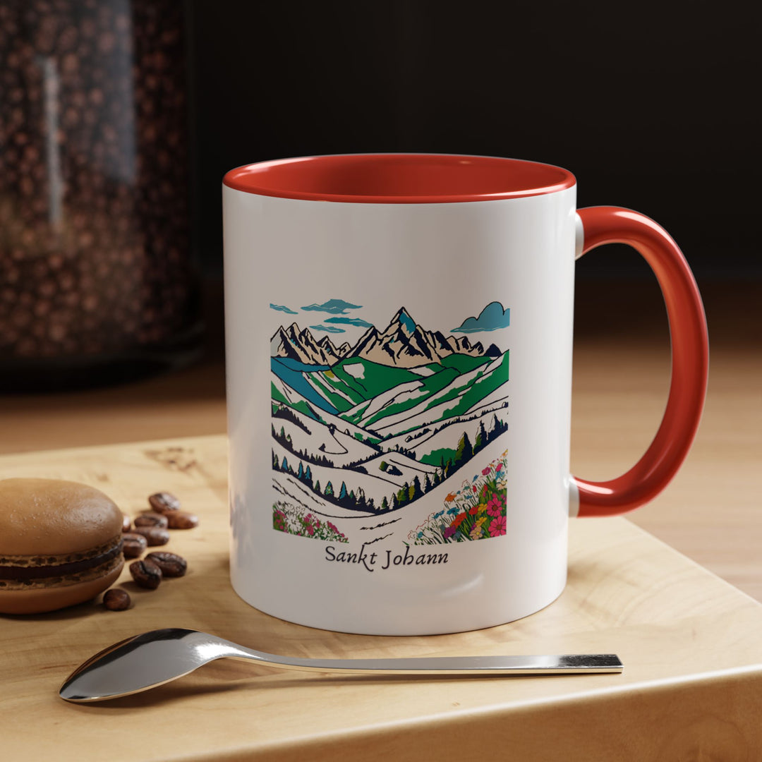 Experience the beauty of Sankt Johann with this elegant mug showcasing detailed illustrations of its iconic landmarks and mountain vistas. Made from durable ceramic, dishwasher and microwave safe, ideal for daily use or as a thoughtful gift for fans and collectors.