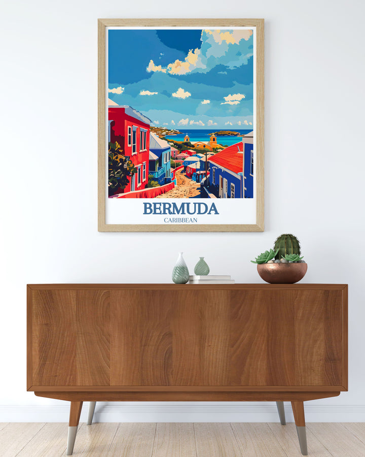 Elegant Bermuda wall art depicting the Royal Naval Dockyard and Clocktower Mall, showcasing the islands historic and architectural beauty. Perfect for adding sophistication and a touch of history to any room.