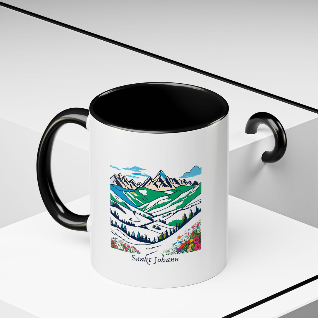 A premium Sankt Johann, Austria Mug displaying the towns scenic landscapes in vibrant detail. Made from durable ceramic, dishwasher and microwave safe, combining practicality with artistic expression for everyday enjoyment or special occasions, celebrating Sankt Johanns unique spirit.