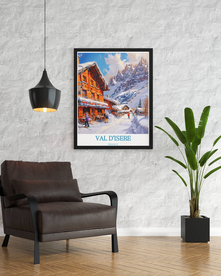 Scenic artwork of Val dIsère Solaise, highlighting the picturesque village and vibrant ski slopes. Perfect for ski enthusiasts and lovers of mountain landscapes.