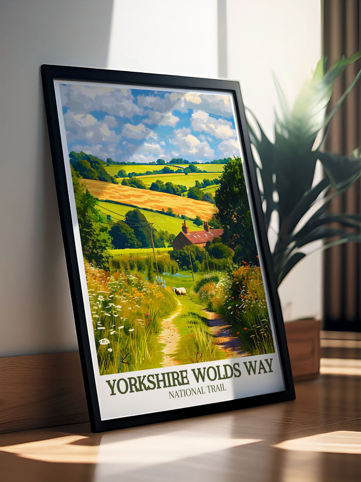 Discover the serene beauty of the Yorkshire Wolds Way with this travel poster, capturing the trails tranquil atmosphere and diverse landscapes. The poster invites you to explore the rolling countryside, charming villages, and breathtaking views of this national trail, perfect for hiking enthusiasts and nature lovers.