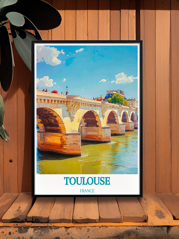 Discover the timeless charm of Pont Neuf in Toulouse with this beautifully illustrated art print, perfect for any history or architecture enthusiast.