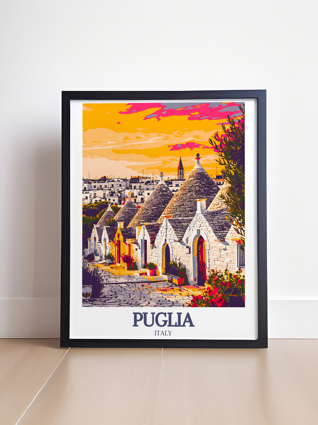 Bring the charm of Trulli houses in Alberobello into your home with our Puglia Art. This Italy Travel Print captures the beauty of Italys iconic Trulli houses, perfect for any art enthusiast.