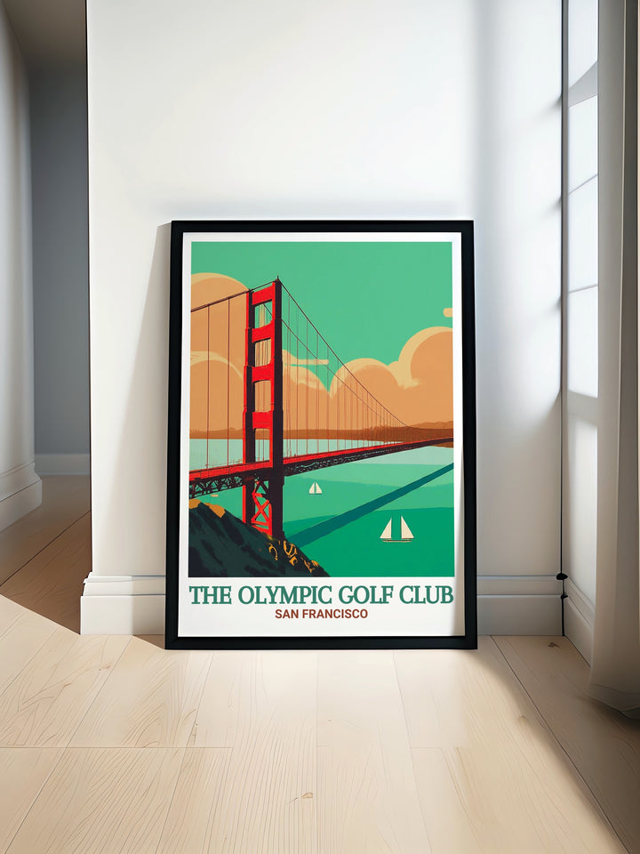 Celebrate the elegance of golf with this travel poster featuring the Olympic Golf Club and the Golden Gate Bridge. The print captures the stunning contrast between the lush greens of the course and the bold red of the bridge, making it a striking addition to any home decor. Perfect for art and golf lovers alike