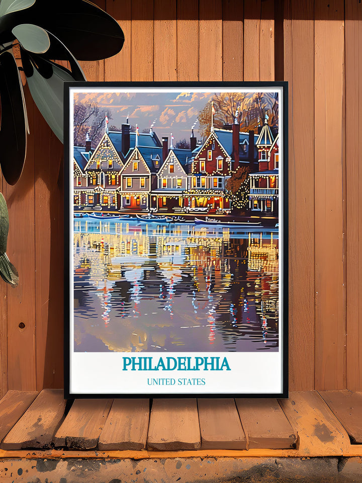 Capture the timeless beauty of Philadelphias Boathouse Row with this exquisite art print, featuring the serene river setting and historic rowing clubs, perfect for enhancing your home decor.