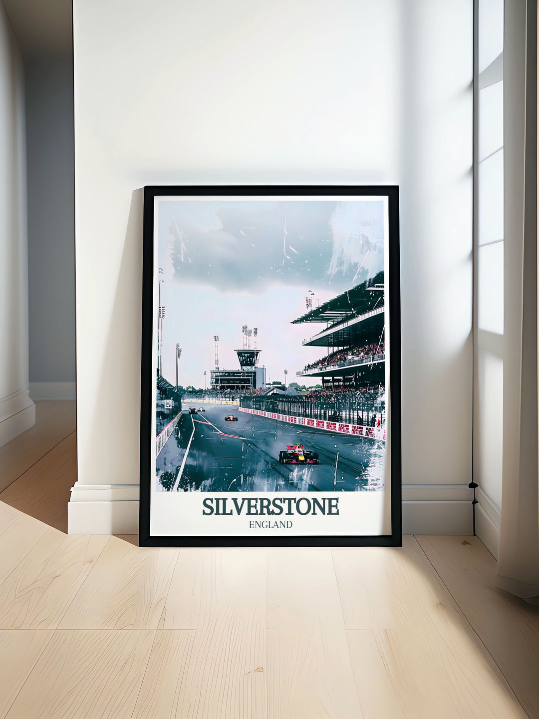 Silverstone Circuit BRDC Grandstand racing poster featuring vibrant colors and dynamic design showcasing the iconic racing venue with a detailed depiction of the grandstand and track. Ideal for adding a touch of motorsport excitement to your wall decor and creating a thrilling ambiance in your living space.