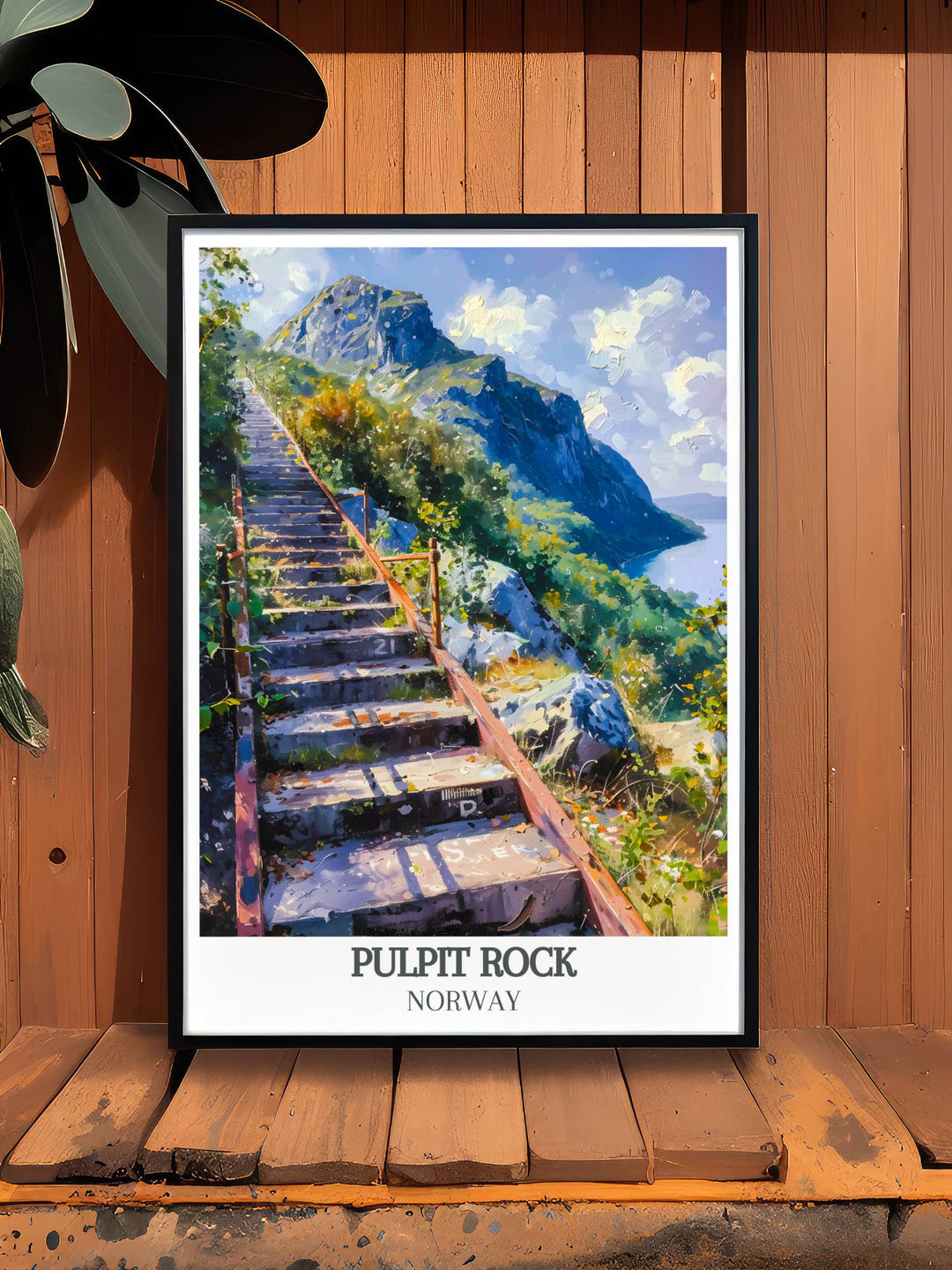 Retro travel poster showcasing Pulpit Rock Norway and Florlitrappene modern prints capturing the essence of national park beauty perfect for home decor