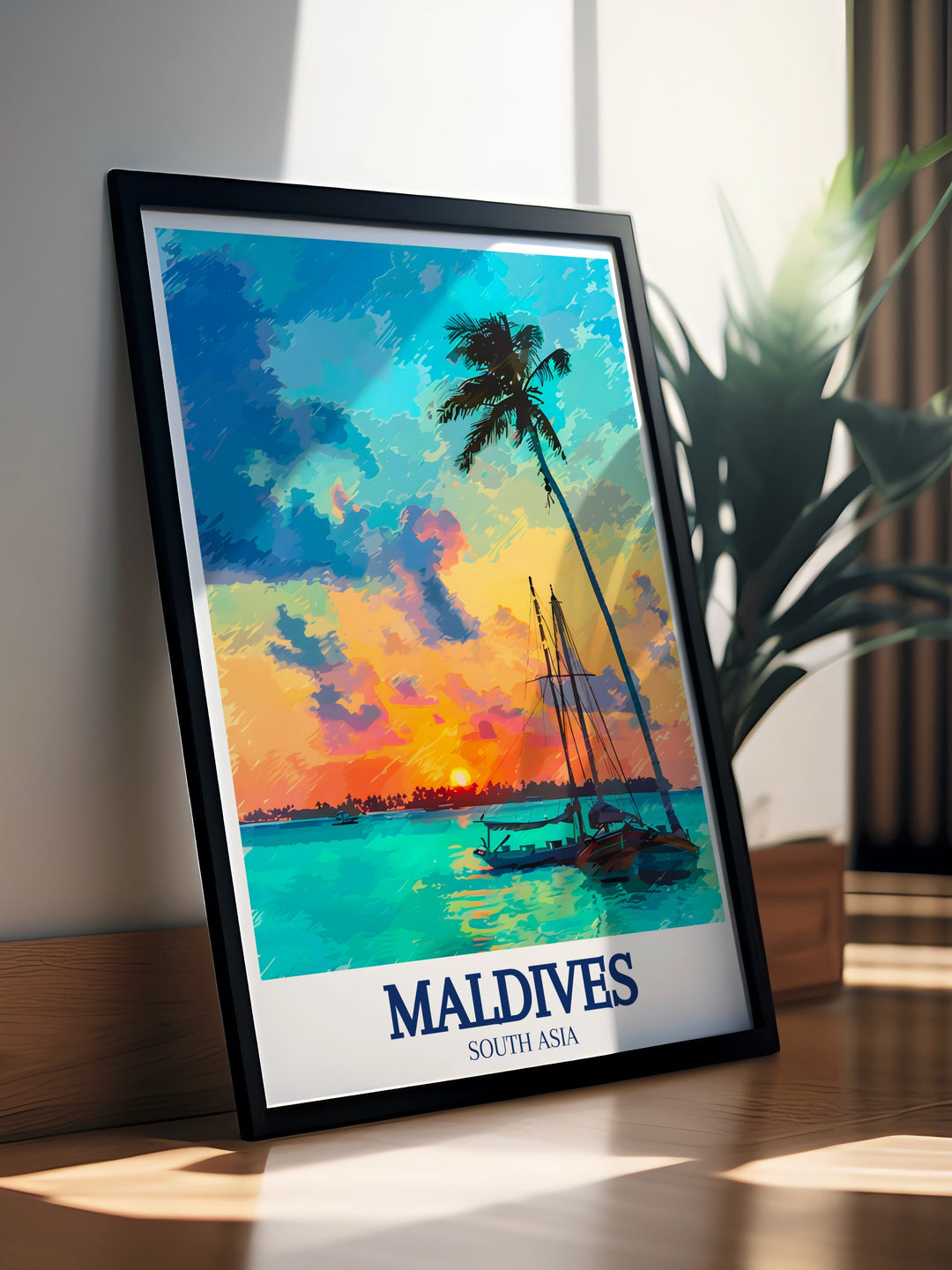 Velassaru Island Wall Print showcasing the idyllic scenery of the Maldives, with its white sandy beaches, clear waters, and traditional Dhoni boats. This wall print is ideal for beach lovers and those who appreciate the tranquility of island life.