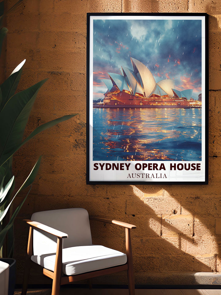 Captivating artwork of the Sydney Opera House set against the backdrop of Harbour Bridge in a vintage travel print style ideal for those who appreciate nostalgic and timeless designs