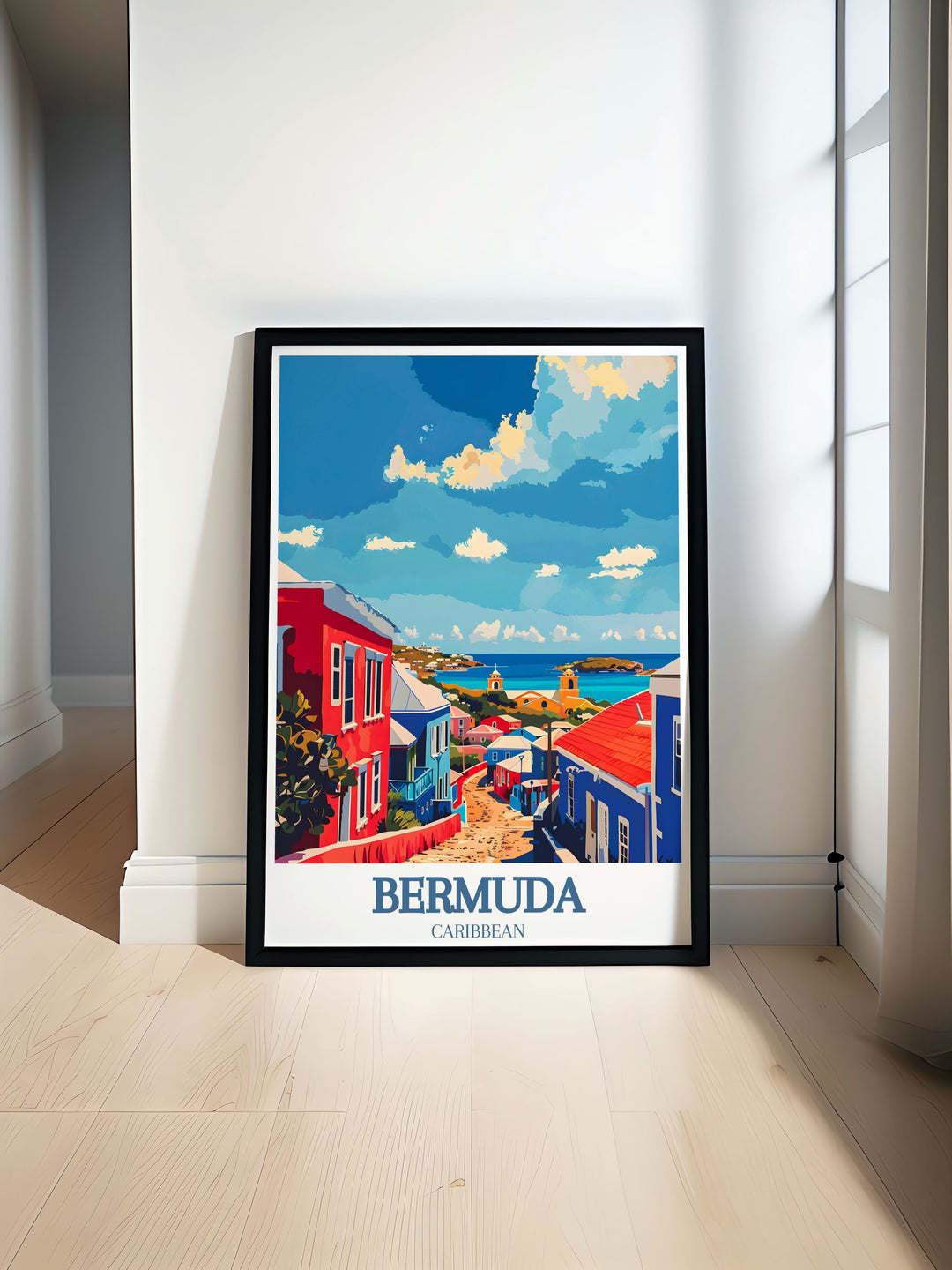 Captivating Bermuda poster featuring the historic Royal Naval Dockyard and the iconic Clocktower Mall, showcasing the islands rich maritime history and charm. Perfect for adding a touch of elegance to your home decor.